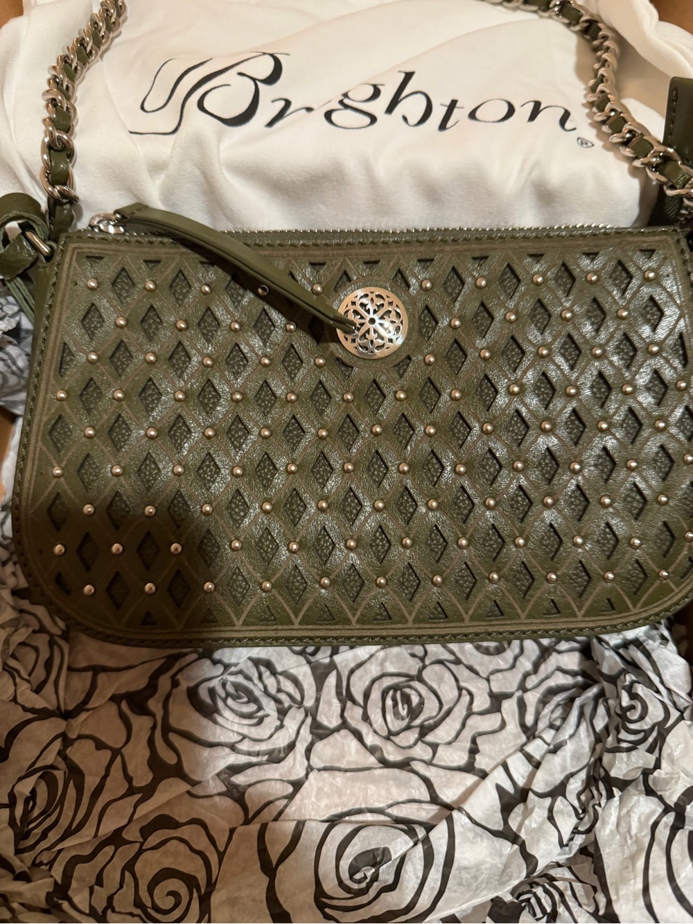 Brighton Olive Green Quilted Diamond-Stud Crossbody with Silver Chain